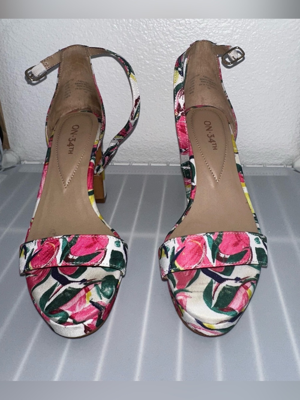 On 34th Pink Floral Ankle-Strap Block Heels